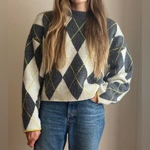 PRINGLE OF SCOTLAND & H&M Sz XL Argyle Cropped Super Soft Wool Blend Sweater
